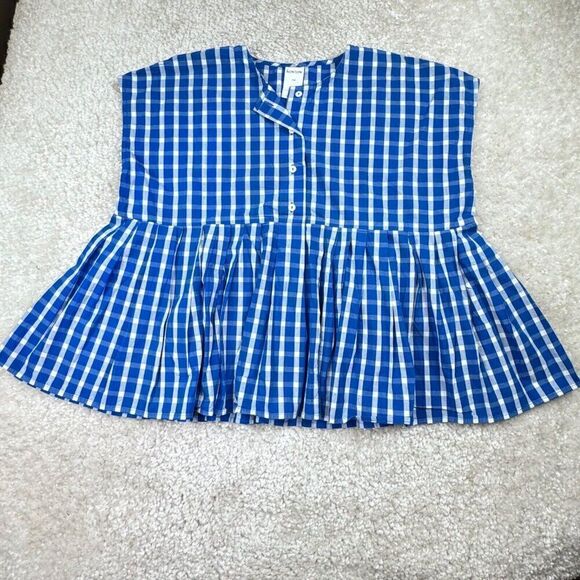 Kowtow Form Top Blue White Checkered Oversized Fit - Picture 2 of 9
